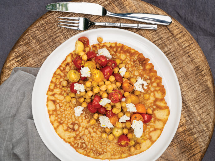 Socca Flatbreads with Roasted Cherry Tomatoes, Chickpeas, and Lemon Zest 