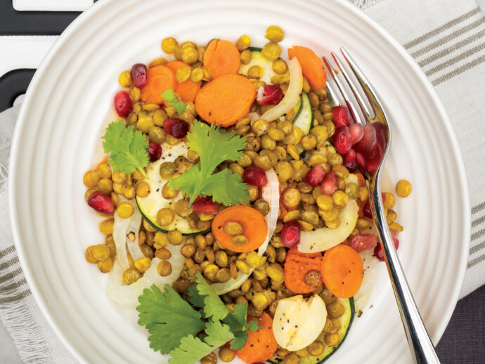 Sweet Lemon, Lentil, and Pomegranate Tray Bake  with Roasted Carrot, Zucchini, and Fennel